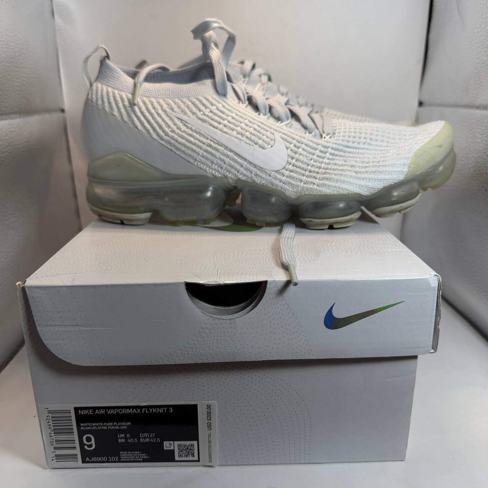 Nike Air Vapormax Flyknit 3 White Pure Platinum AJ6900-102 Mens Size 9 Good